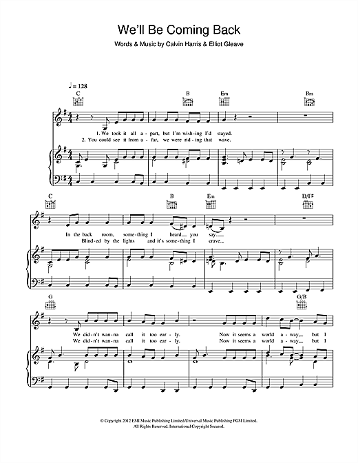 Preview Calvin Harris We'll Be Coming Back (feat. Example) Pop sheet music, notes and chords for Piano, Vocal & Guitar (Right-Hand Melody), SKU: 114626 sheet music, piano notes, chords, guitar tabs, score, transpose, transcribe, how to play, guide, download, learn, tutorial, progression, song, artist, awards, billboard, mtv, vh1, tour, single, album, release