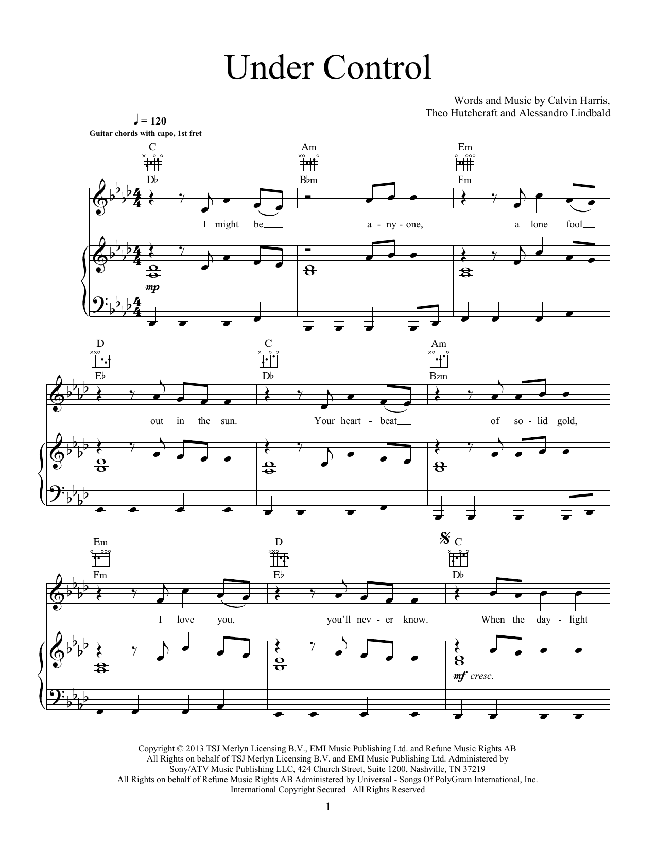 Preview Calvin Harris and Alesso Under Control (feat. Hurts) Pop sheet music, notes and chords for Piano, Vocal & Guitar (Right-Hand Melody), SKU: 466513 Download Calvin Harris and Alesso Under Control (feat. Hurts) sheet music and printable PDF score & Pop music notes