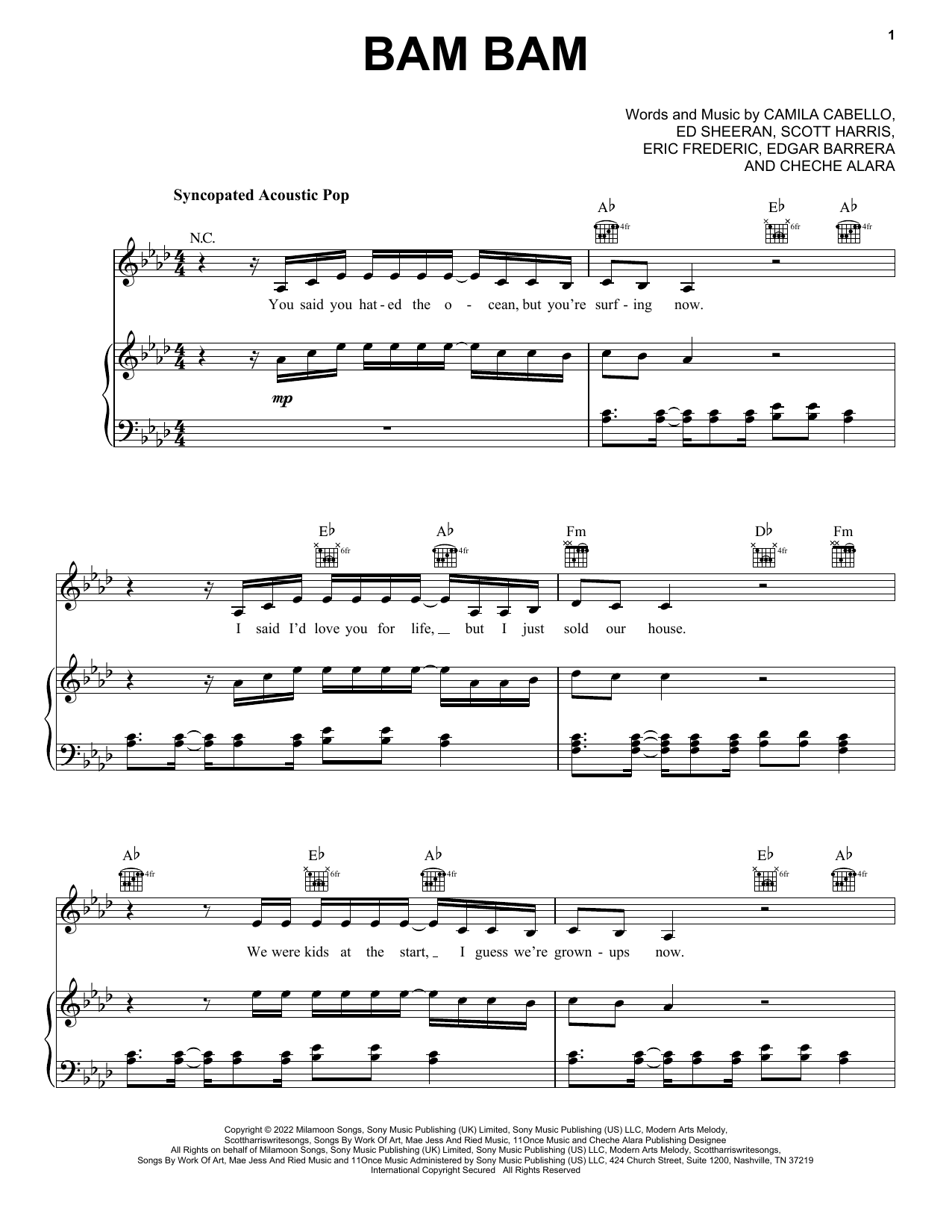 Camila Cabello Bam Bam Sheet Music for Pop Piano, Vocal & Guitar Chords (Right-Hand Melody) including 8 page(s)