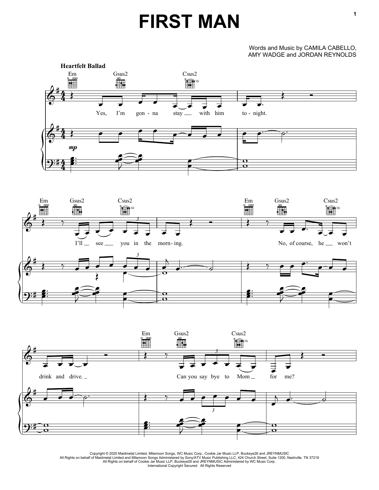 Camila Cabello First Man Sheet Music Download Printable Pop Pdf Piano Vocal Guitar Right Hand Melody Score Sku 439674