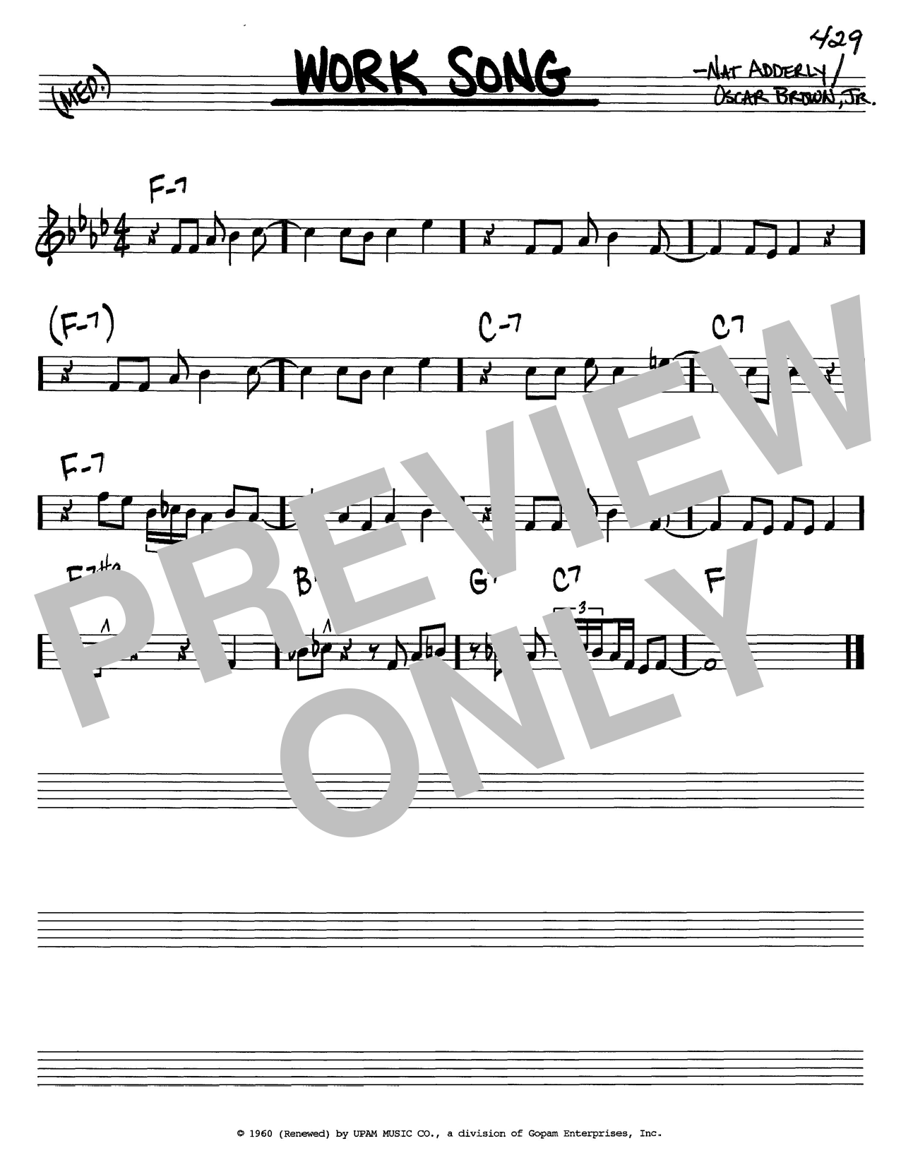 Preview Cannonball Adderley Work Song Folk sheet music, notes and chords for Real Book - Melody & Chords - C Instruments, SKU: 75837 Download Cannonball Adderley Work Song sheet music and printable PDF score & Folk music notes