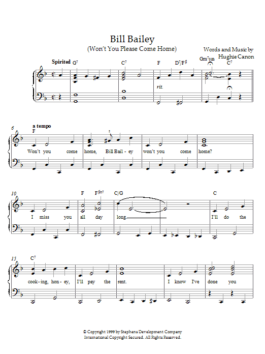 Preview Hughie Cannon Bill Bailey, Won't You Please Come Home Pop sheet music, notes and chords for Piano, SKU: 21534 Download Hughie Cannon Bill Bailey, Won't You Please Come Home sheet music and printable PDF score & Pop music notes