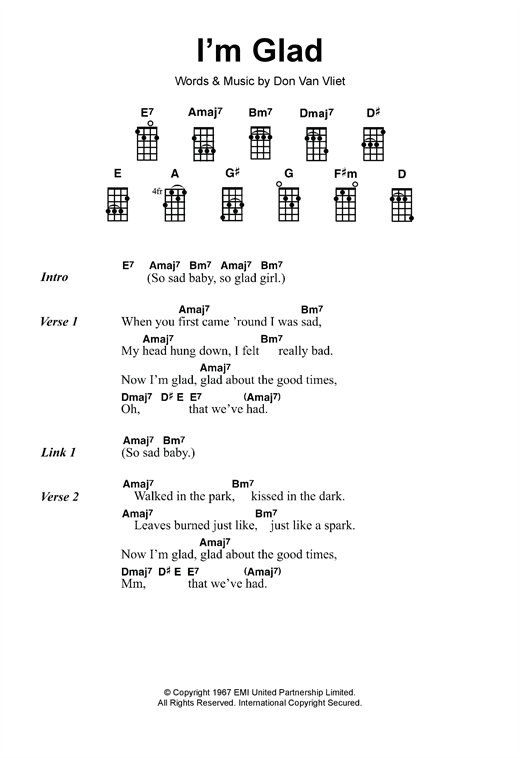 Preview Captain Beefheart I'm Glad Rock sheet music, notes and chords for Lyrics & Chords, SKU: 121110 sheet music, piano notes, chords, guitar tabs, score, transpose, transcribe, how to play, guide, download, learn, tutorial, progression, song, artist, awards, billboard, mtv, vh1, tour, single, album, release