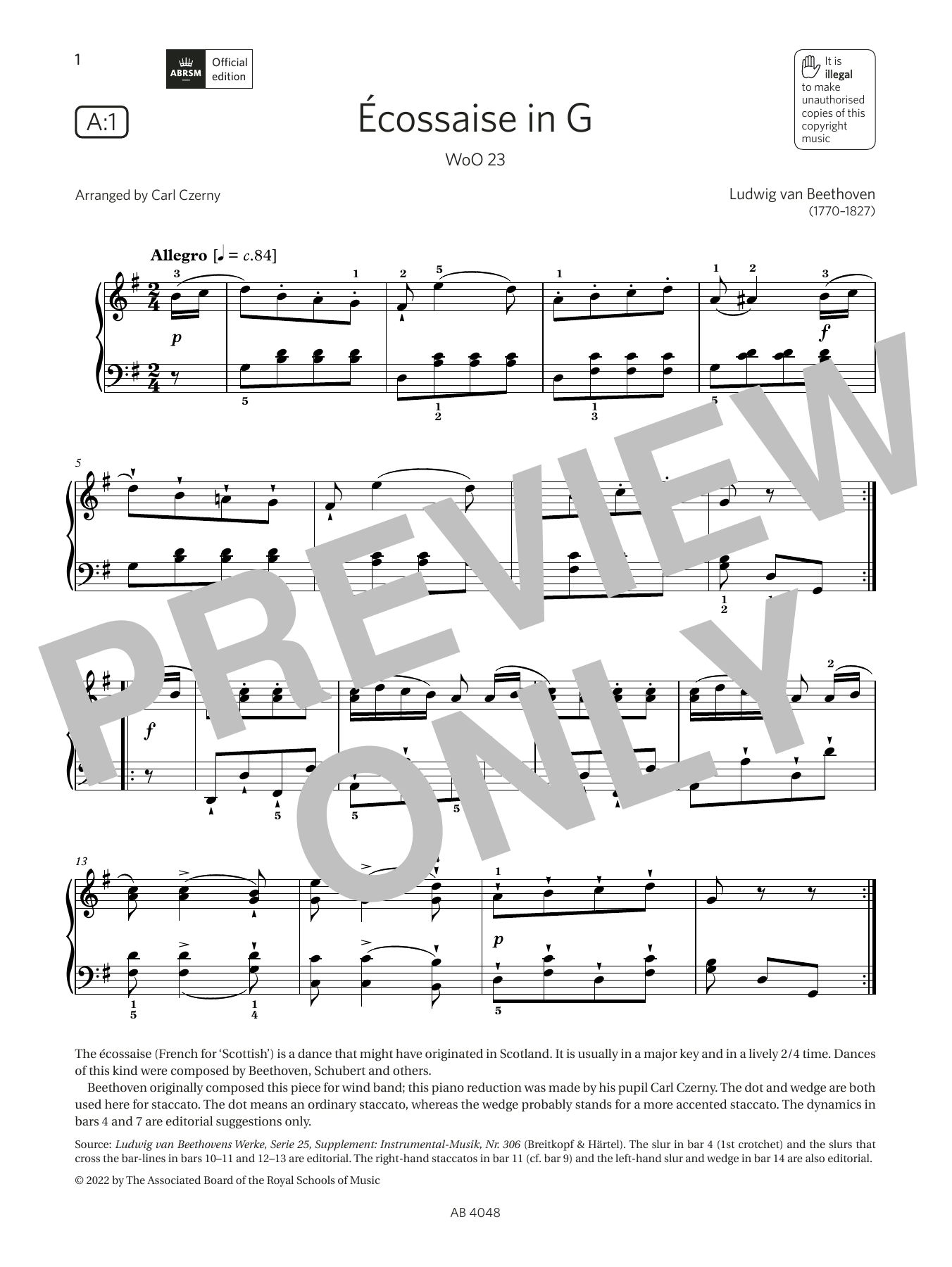 Carl Czerny Écossaise in G (Grade 2, list A1, from the ABRSM Piano Syllabus 2023 & 2024) Sheet Music & Chords for Piano Solo - Download or Print PDF