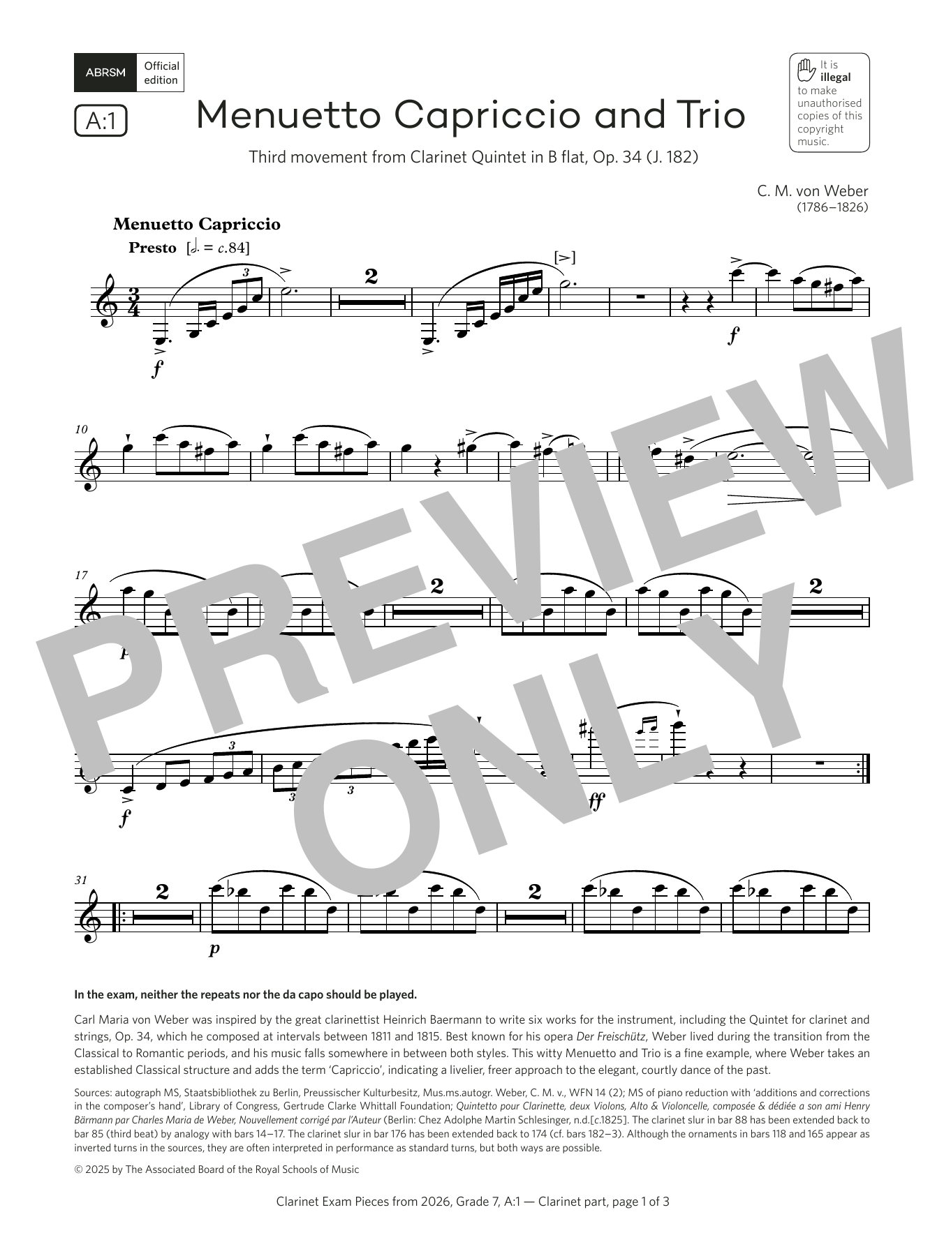 Carl Maria von Weber Menuetto Capriccio and Trio (Grade 7, list A1, from the ABRSM Clarinet Syllabus from 2026) Sheet Music & Chords for Clarinet Solo - Download or Print PDF