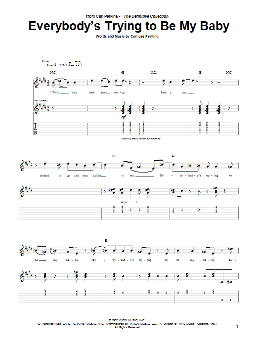 Preview Carl Perkins Everybody's Trying To Be My Baby Rock sheet music, notes and chords for Guitar Tab, SKU: 69449 Download Carl Perkins Everybody's Trying To Be My Baby sheet music and printable PDF score & Rock music notes