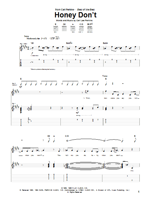 Preview Carl Perkins Honey Don't Rock sheet music, notes and chords for Guitar Tab, SKU: 52122 Download Carl Perkins Honey Don't sheet music and printable PDF score & Rock music notes