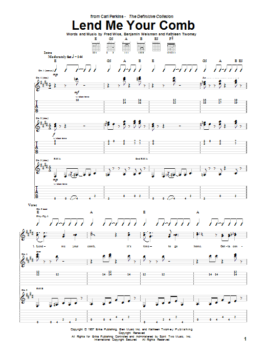 Preview Carl Perkins Lend Me Your Comb Rock sheet music, notes and chords for Guitar Tab, SKU: 69451 Download Carl Perkins Lend Me Your Comb sheet music and printable PDF score & Rock music notes