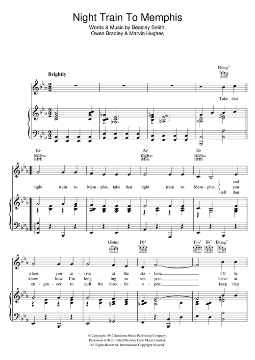 Preview Carl Perkins Night Train To Memphis Rock N Roll sheet music, notes and chords for Piano, Vocal & Guitar (Right-Hand Melody), SKU: 121023 sheet music, piano notes, chords, guitar tabs, score, transpose, transcribe, how to play, guide, download, learn, tutorial, progression, song, artist, awards, billboard, mtv, vh1, tour, single, album, release