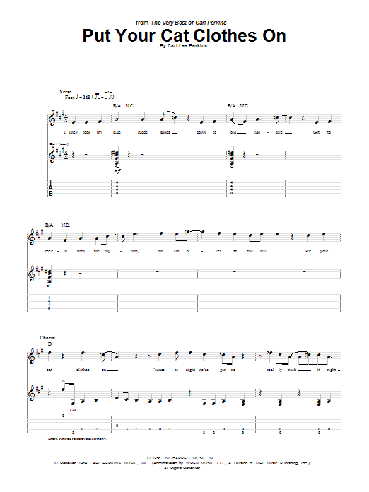 Preview Carl Perkins Put Your Cat Clothes On Rock sheet music, notes and chords for Guitar Tab, SKU: 69448 Download Carl Perkins Put Your Cat Clothes On sheet music and printable PDF score & Rock music notes
