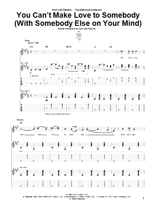 Preview Carl Perkins You Can't Make Love To Somebody (With Somebody Else On Your Mind) Rock sheet music, notes and chords for Guitar Tab, SKU: 69453 Download Carl Perkins You Can't Make Love To Somebody (With Somebody Else On Your Mind) sheet music and printable PDF score & Rock music notes