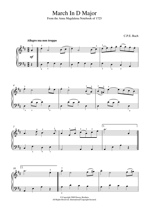 Preview Carl Philipp Emanuel Bach March In D Major, BWV App. 122 Classical sheet music, notes and chords for Piano, SKU: 15363 sheet music, piano notes, chords, guitar tabs, score, transpose, transcribe, how to play, guide, download, learn, tutorial, progression, song, artist, awards, billboard, mtv, vh1, tour, single, album, release