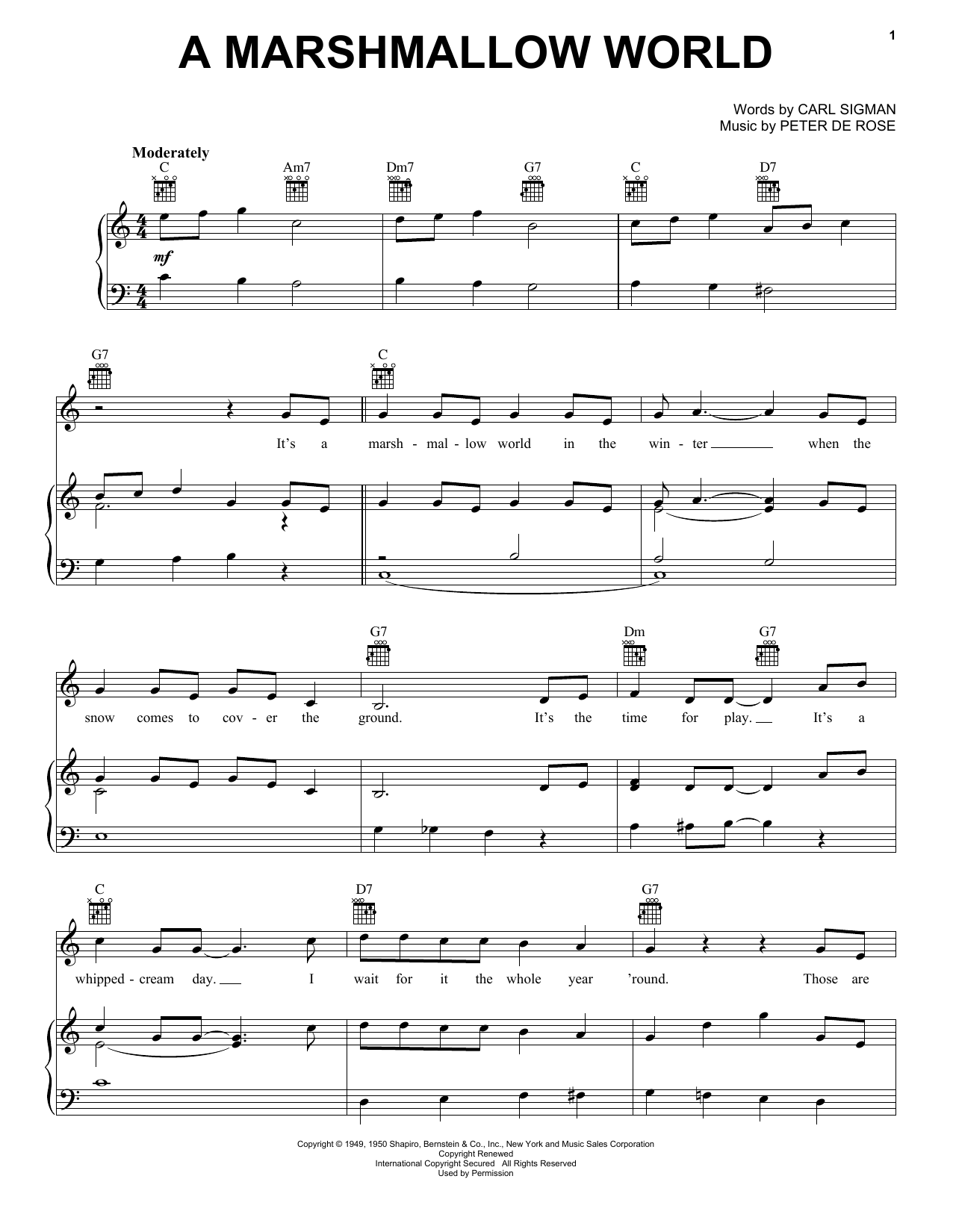 Preview Carl Sigman A Marshmallow World Christmas sheet music, notes and chords for Piano, Vocal & Guitar (Right-Hand Melody), SKU: 18114 sheet music, piano notes, chords, guitar tabs, score, transpose, transcribe, how to play, guide, download, learn, tutorial, progression, song, artist, awards, billboard, mtv, vh1, tour, single, album, release