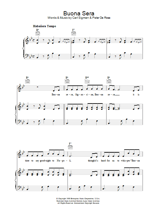 Download Carl Sigman Buona Sera sheet music and printable PDF score & Pop music notes