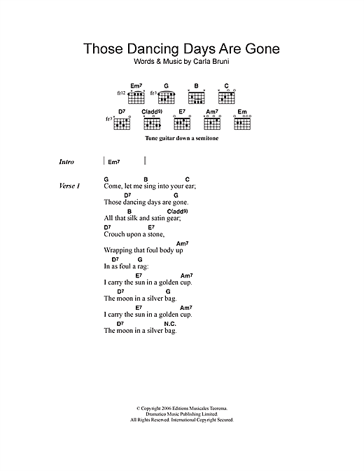 Preview Carla Bruni Those Dancing Days Are Gone Jazz sheet music, notes and chords for Lyrics & Chords, SKU: 114648 sheet music, piano notes, chords, guitar tabs, score, transpose, transcribe, how to play, guide, download, learn, tutorial, progression, song, artist, awards, billboard, mtv, vh1, tour, single, album, release