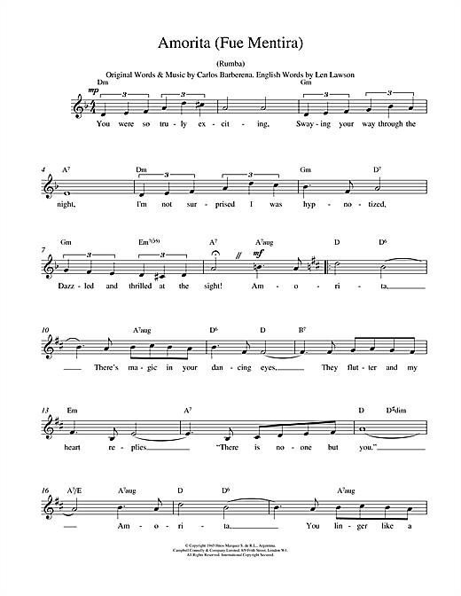 Preview Carlos Barberena Amorita (Fue Mentira) World sheet music, notes and chords for Melody Line, Lyrics & Chords, SKU: 13939 sheet music, piano notes, chords, guitar tabs, score, transpose, transcribe, how to play, guide, download, learn, tutorial, progression, song, artist, awards, billboard, mtv, vh1, tour, single, album, release