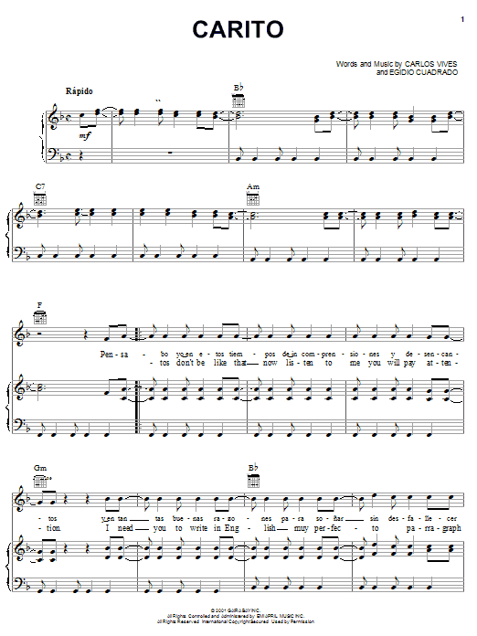 Preview Carlos Vives Carito World sheet music, notes and chords for Piano, Vocal & Guitar (Right-Hand Melody), SKU: 22181 Download Carlos Vives Carito sheet music and printable PDF score & World music notes