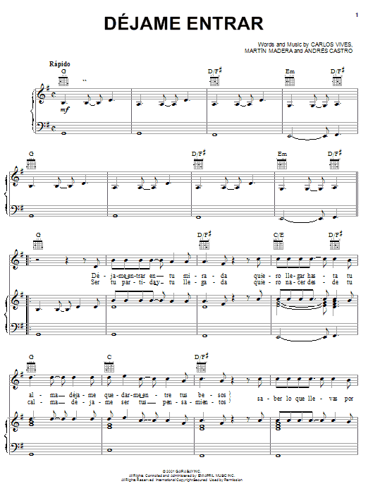 Preview Carlos Vives Déjame Entrar World sheet music, notes and chords for Piano, Vocal & Guitar (Right-Hand Melody), SKU: 22158 Download Carlos Vives Déjame Entrar sheet music and printable PDF score & World music notes