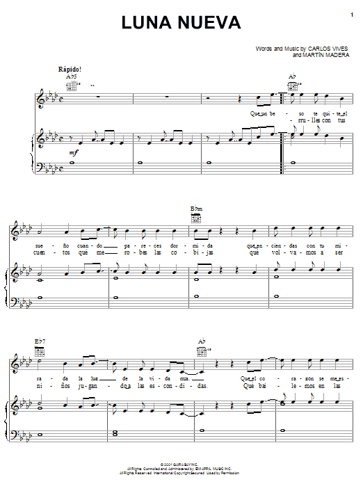 Preview Carlos Vives Luna Nueva World sheet music, notes and chords for Piano, Vocal & Guitar (Right-Hand Melody), SKU: 22182 Download Carlos Vives Luna Nueva sheet music and printable PDF score & World music notes