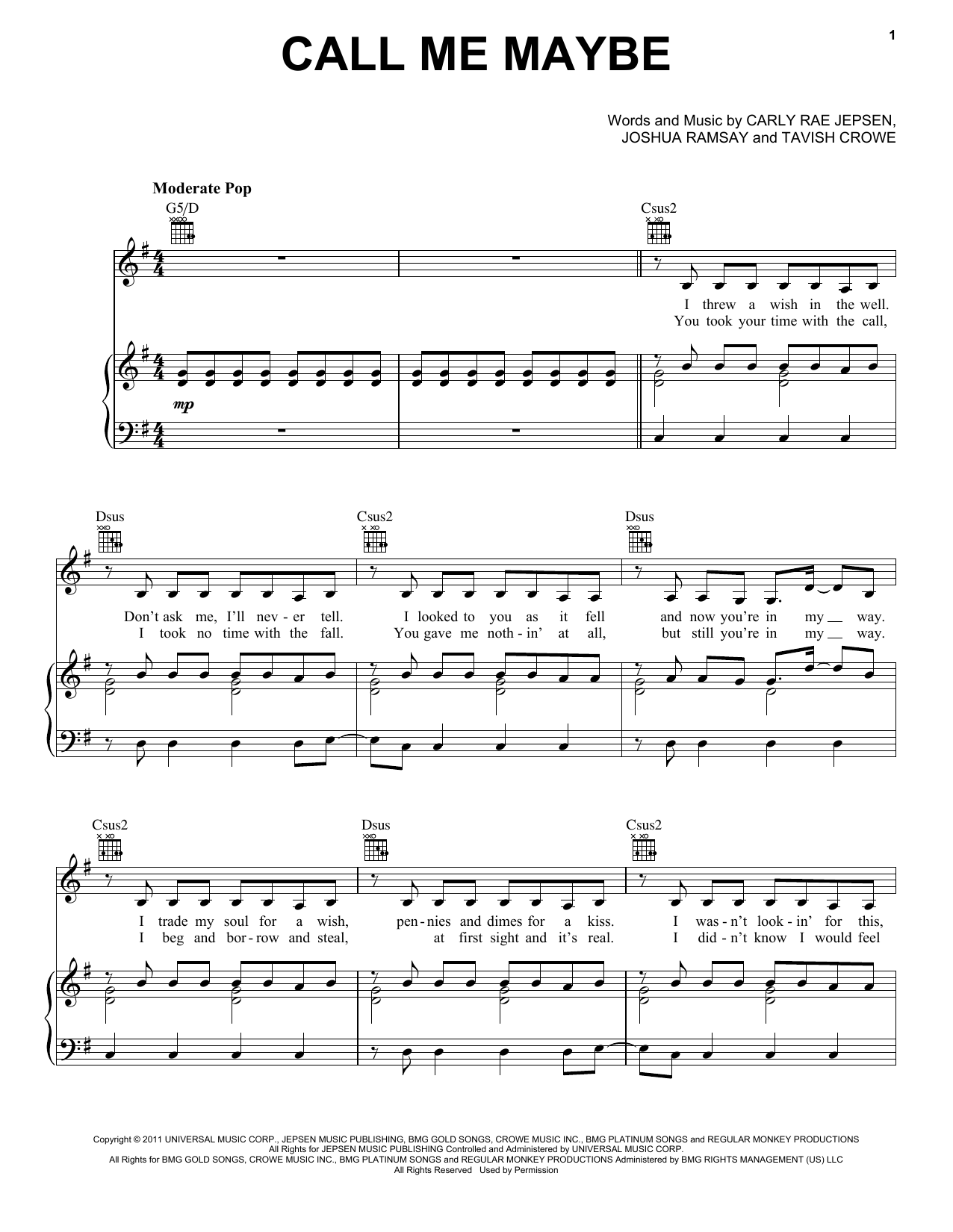 Carly Rae Jepsen Call Me Maybe Sheet Music Download Printable Pop Pdf Score How To Play On Real Book Melody Lyrics Chords Sku