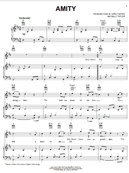 Preview Carly Simon Amity Pop sheet music, notes and chords for Piano, Vocal & Guitar (Right-Hand Melody), SKU: 28475 Download Carly Simon Amity sheet music and printable PDF score & Pop music notes