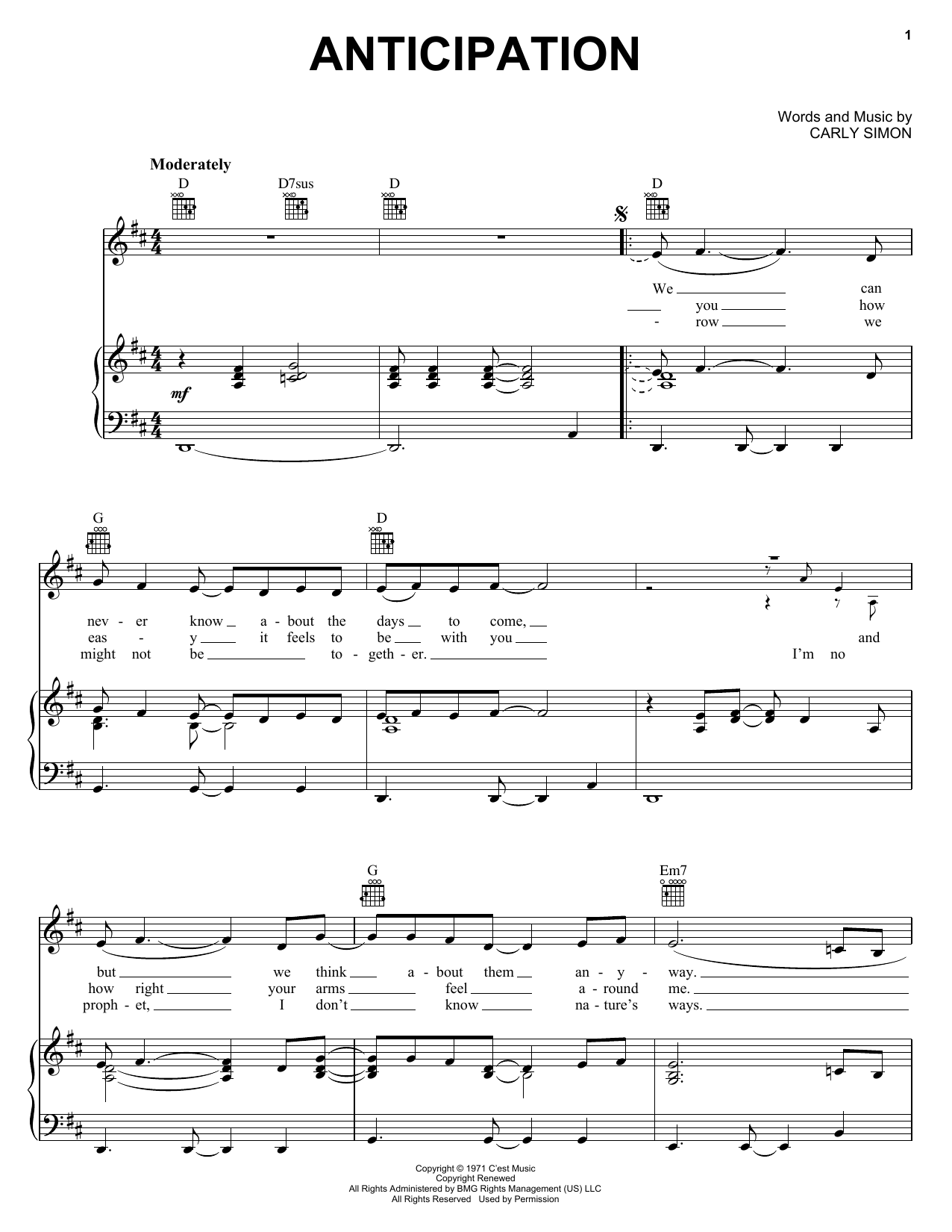 Preview Carly Simon Anticipation Country sheet music, notes and chords for Piano, Vocal & Guitar (Right-Hand Melody), SKU: 21909 Download Carly Simon Anticipation sheet music and printable PDF score & Country music notes