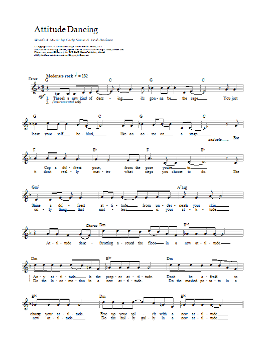 Preview Carly Simon Attitude Dancing Pop sheet music, notes and chords for Melody Line, Lyrics & Chords, SKU: 13954 Download Carly Simon Attitude Dancing sheet music and printable PDF score & Pop music notes