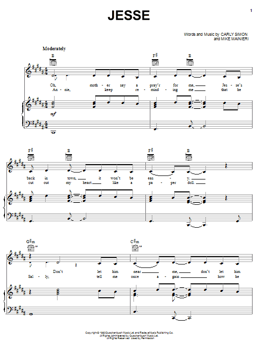 Preview Carly Simon Jesse Country sheet music, notes and chords for Piano, Vocal & Guitar (Right-Hand Melody), SKU: 21913 Download Carly Simon Jesse sheet music and printable PDF score & Country music notes