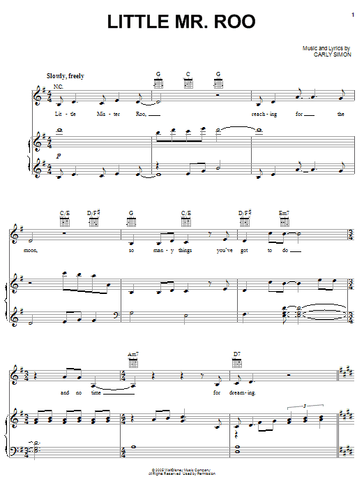 Preview Carly Simon Little Mr. Roo (from Pooh's Heffalump Movie) Film and TV sheet music, notes and chords for Piano, Vocal & Guitar (Right-Hand Melody), SKU: 51897 Download Carly Simon Little Mr. Roo (from Pooh's Heffalump Movie) sheet music and printable PDF score & Film and TV music notes