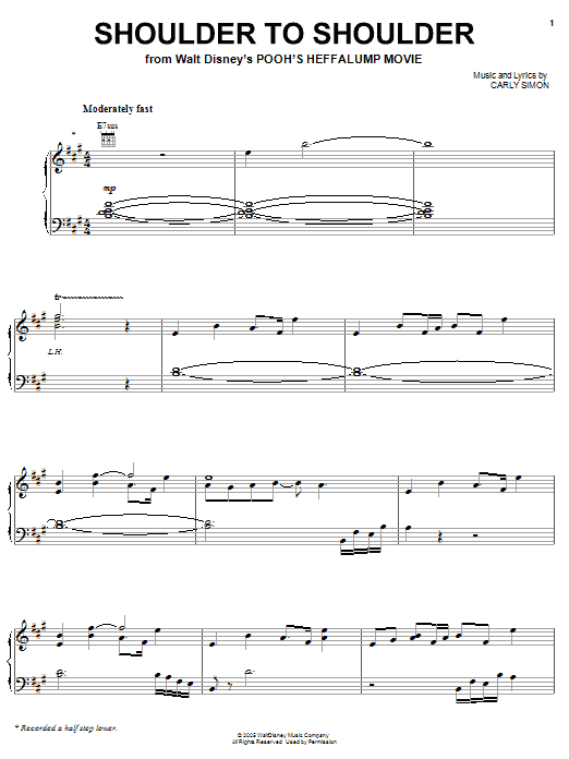 Preview Carly Simon Shoulder To Shoulder (from Pooh's Heffalump Movie) Film and TV sheet music, notes and chords for Piano, Vocal & Guitar (Right-Hand Melody), SKU: 51899 Download Carly Simon Shoulder To Shoulder (from Pooh's Heffalump Movie) sheet music and printable PDF score & Film and TV music notes