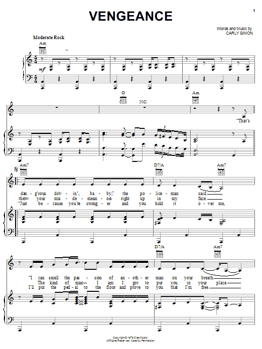 Preview Carly Simon Vengeance Pop sheet music, notes and chords for Piano, Vocal & Guitar (Right-Hand Melody), SKU: 23989 sheet music, piano notes, chords, guitar tabs, score, transpose, transcribe, how to play, guide, download, learn, tutorial, progression, song, artist, awards, billboard, mtv, vh1, tour, single, album, release