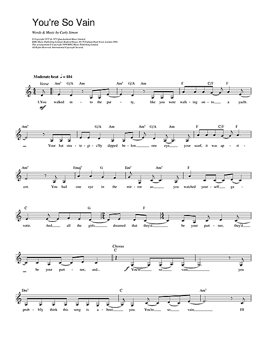 Download Carly Simon You're So Vain sheet music and printable PDF score & Pop music notes