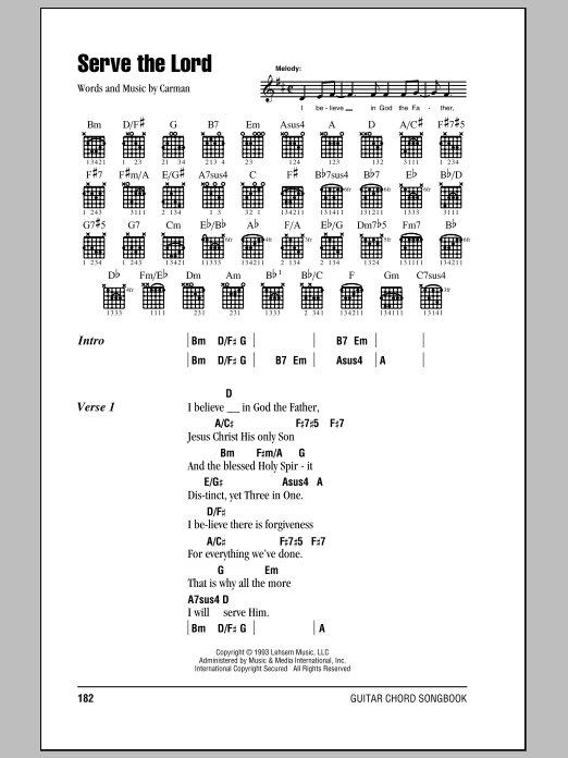 Preview Carman Serve The Lord Pop sheet music, notes and chords for Lyrics & Chords, SKU: 82159 Download Carman Serve The Lord sheet music and printable PDF score & Pop music notes