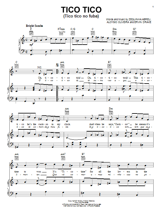 Download Carmen Miranda Tico Tico (Tico Tico No Fuba) sheet music and printable PDF score & World music notes