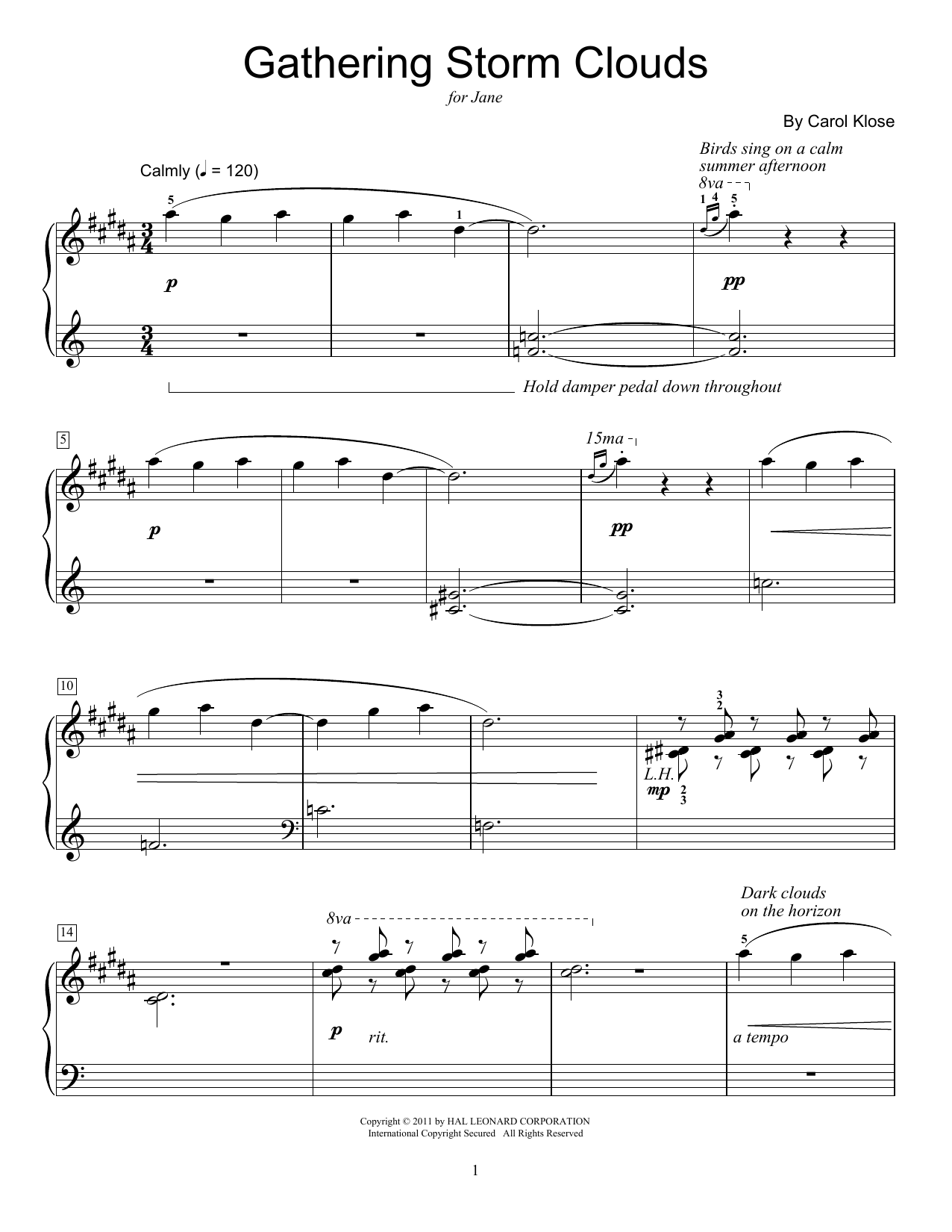 Download Carol Klose Gathering Storm Clouds sheet music and printable PDF score & Easy Listening music notes