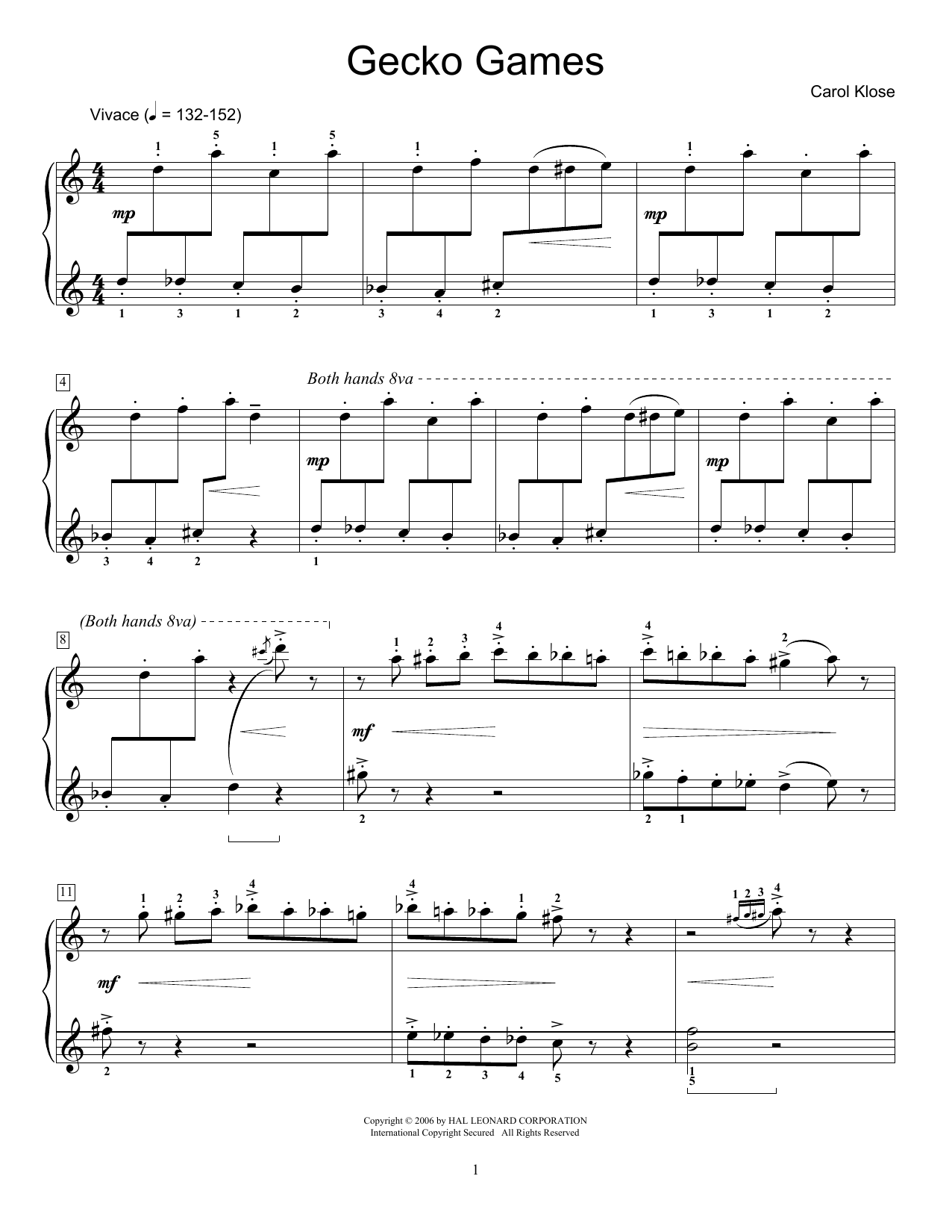 Download Carol Klose Gecko Games sheet music and printable PDF score & Easy Listening music notes