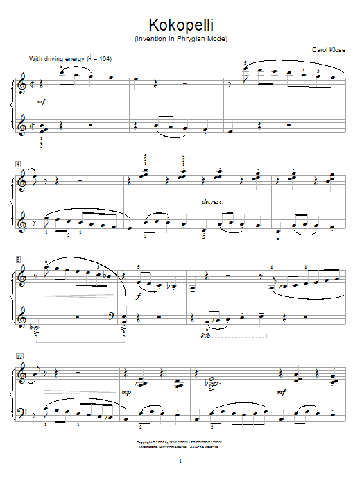 Preview Carol Klose Kokopelli (Invention In Phrygian Mode) Easy Listening sheet music, notes and chords for Educational Piano, SKU: 55732 Download Carol Klose Kokopelli (Invention In Phrygian Mode) sheet music and printable PDF score & Easy Listening music notes