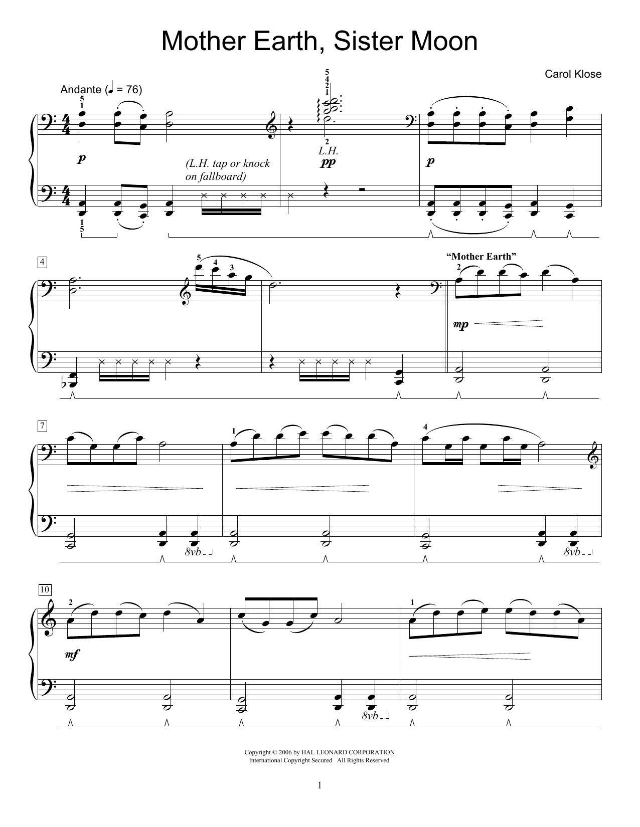 Preview Carol Klose Mother Earth, Sister Moon Easy Listening sheet music, notes and chords for Educational Piano, SKU: 55734 Download Carol Klose Mother Earth, Sister Moon sheet music and printable PDF score & Easy Listening music notes