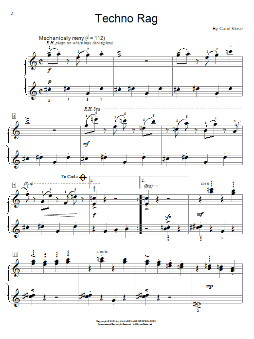 Preview Carol Klose Techno Rag Jazz sheet music, notes and chords for Educational Piano, SKU: 70046 Download Carol Klose Techno Rag sheet music and printable PDF score & Jazz music notes