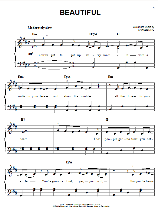 Download Carole King Beautiful sheet music and printable PDF score & Pop music notes