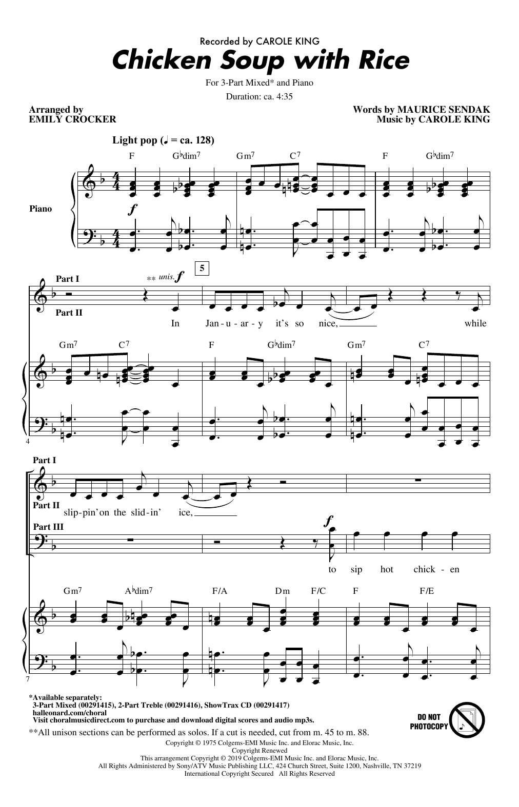Preview Carole King Chicken Soup With Rice (arr. Emily Crocker) Holiday sheet music, notes and chords for 3-Part Mixed Choir, SKU: 414806 sheet music, piano notes, chords, guitar tabs, score, transpose, transcribe, how to play, guide, download, learn, tutorial, progression, song, artist, awards, billboard, mtv, vh1, tour, single, album, release