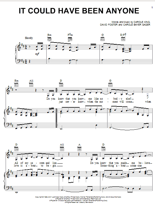 Preview Carole King It Could Have Been Anyone Pop sheet music, notes and chords for Piano, Vocal & Guitar (Right-Hand Melody), SKU: 21463 sheet music, piano notes, chords, guitar tabs, score, transpose, transcribe, how to play, guide, download, learn, tutorial, progression, song, artist, awards, billboard, mtv, vh1, tour, single, album, release