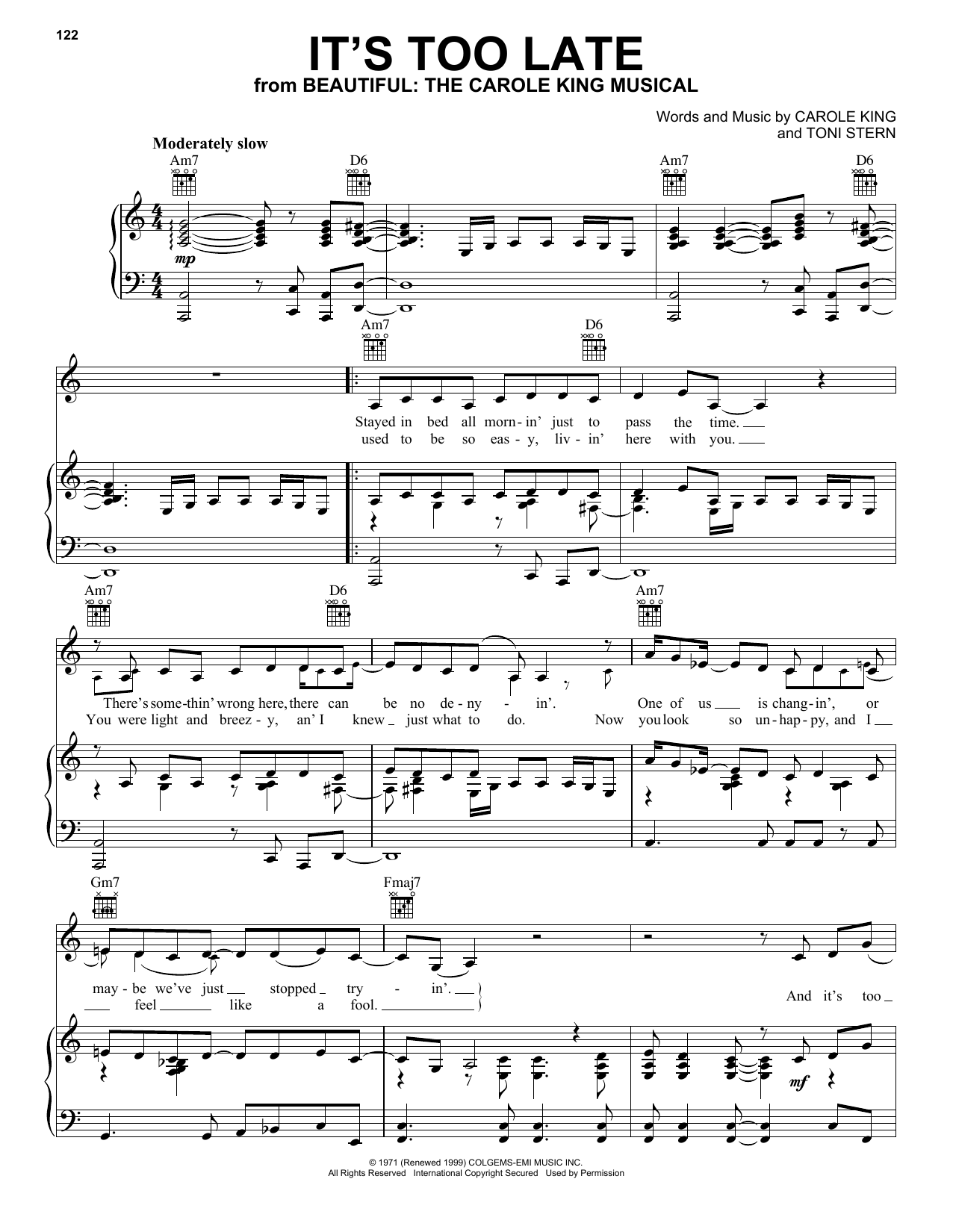 Preview Carole King It's Too Late Rock sheet music, notes and chords for Piano, Vocal & Guitar (Right-Hand Melody), SKU: 18269 sheet music, piano notes, chords, guitar tabs, score, transpose, transcribe, how to play, guide, download, learn, tutorial, progression, song, artist, awards, billboard, mtv, vh1, tour, single, album, release