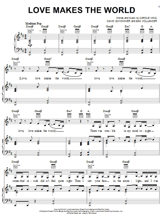 Preview Carole King Love Makes The World Pop sheet music, notes and chords for Piano, Vocal & Guitar (Right-Hand Melody), SKU: 21461 sheet music, piano notes, chords, guitar tabs, score, transpose, transcribe, how to play, guide, download, learn, tutorial, progression, song, artist, awards, billboard, mtv, vh1, tour, single, album, release