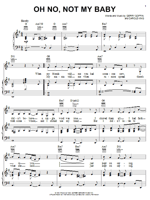 Preview Rod Stewart Oh No, Not My Baby Rock sheet music, notes and chords for Piano, Vocal & Guitar (Right-Hand Melody), SKU: 21465 Download Rod Stewart Oh No, Not My Baby sheet music and printable PDF score & Rock music notes