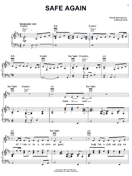 Preview Carole King Safe Again Pop sheet music, notes and chords for Piano, Vocal & Guitar (Right-Hand Melody), SKU: 25312 Download Carole King Safe Again sheet music and printable PDF score & Pop music notes