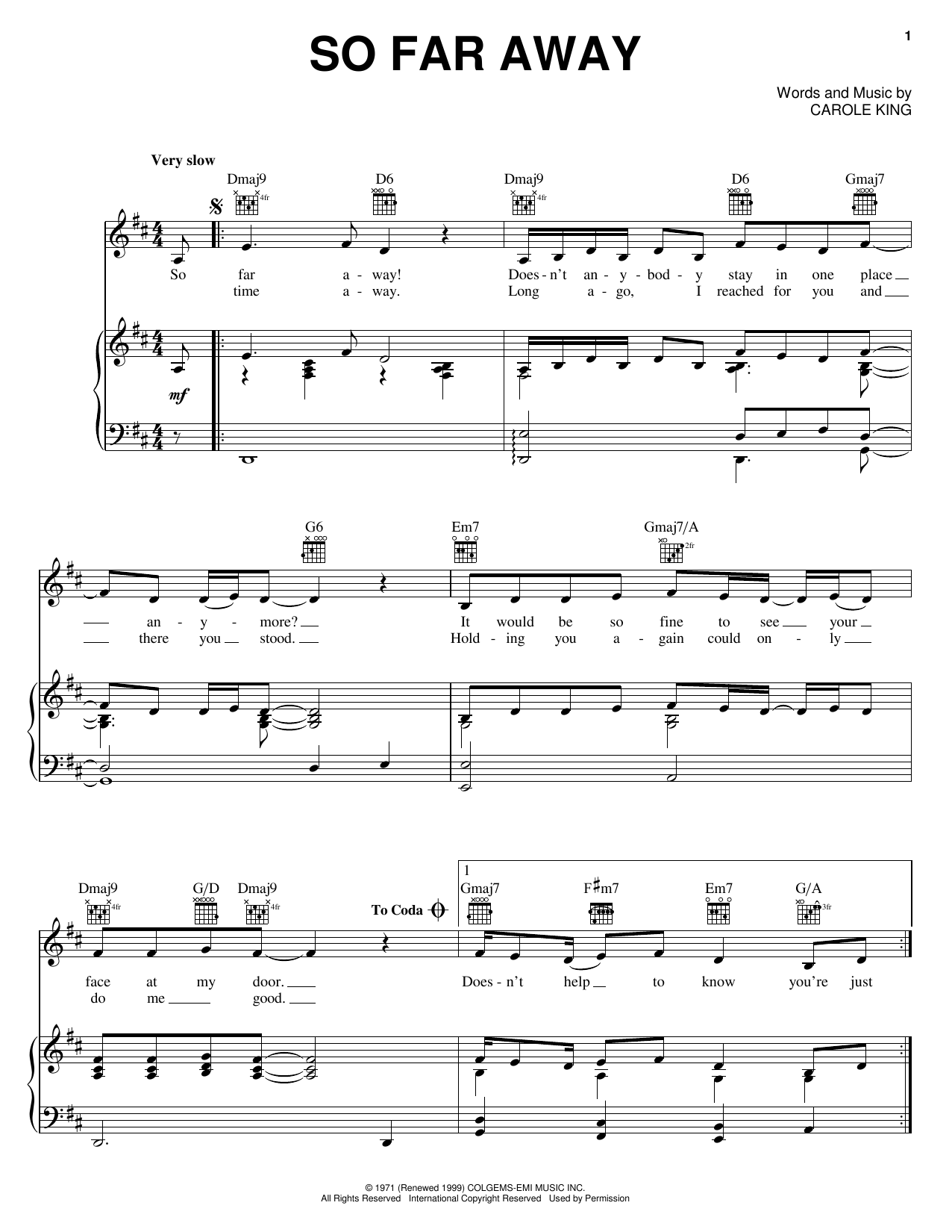 Download Carole King So Far Away sheet music and printable PDF score & Rock music notes