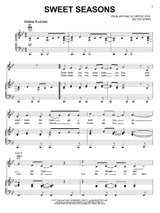 Preview Carole King Sweet Seasons Rock sheet music, notes and chords for Piano, Vocal & Guitar (Right-Hand Melody), SKU: 58815 sheet music, piano notes, chords, guitar tabs, score, transpose, transcribe, how to play, guide, download, learn, tutorial, progression, song, artist, awards, billboard, mtv, vh1, tour, single, album, release