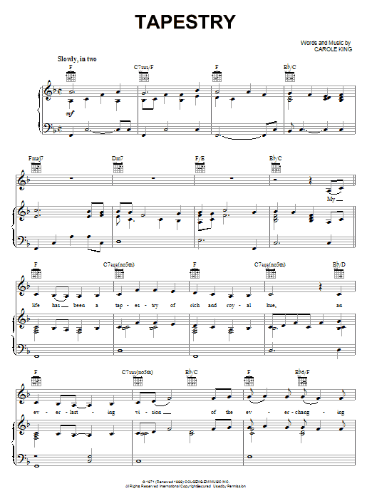 Preview Carole King Tapestry Pop sheet music, notes and chords for Piano, Vocal & Guitar (Right-Hand Melody), SKU: 18328 sheet music, piano notes, chords, guitar tabs, score, transpose, transcribe, how to play, guide, download, learn, tutorial, progression, song, artist, awards, billboard, mtv, vh1, tour, single, album, release