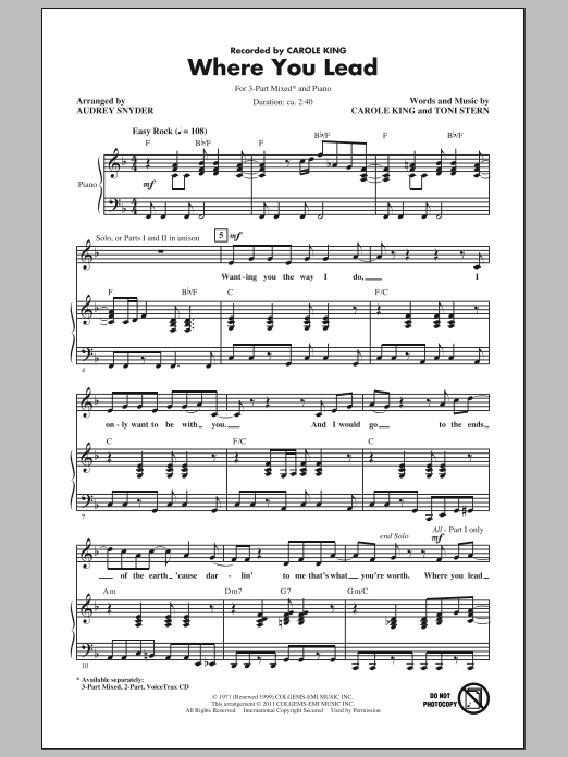 Preview Carole King Where You Lead (arr. Audrey Snyder) Rock sheet music, notes and chords for 2-Part Choir, SKU: 82407 sheet music, piano notes, chords, guitar tabs, score, transpose, transcribe, how to play, guide, download, learn, tutorial, progression, song, artist, awards, billboard, mtv, vh1, tour, single, album, release
